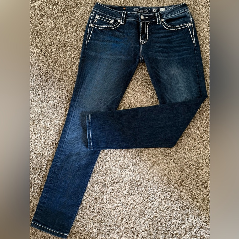Miss Me Dark Blue Skinny Jeans with White Stitching